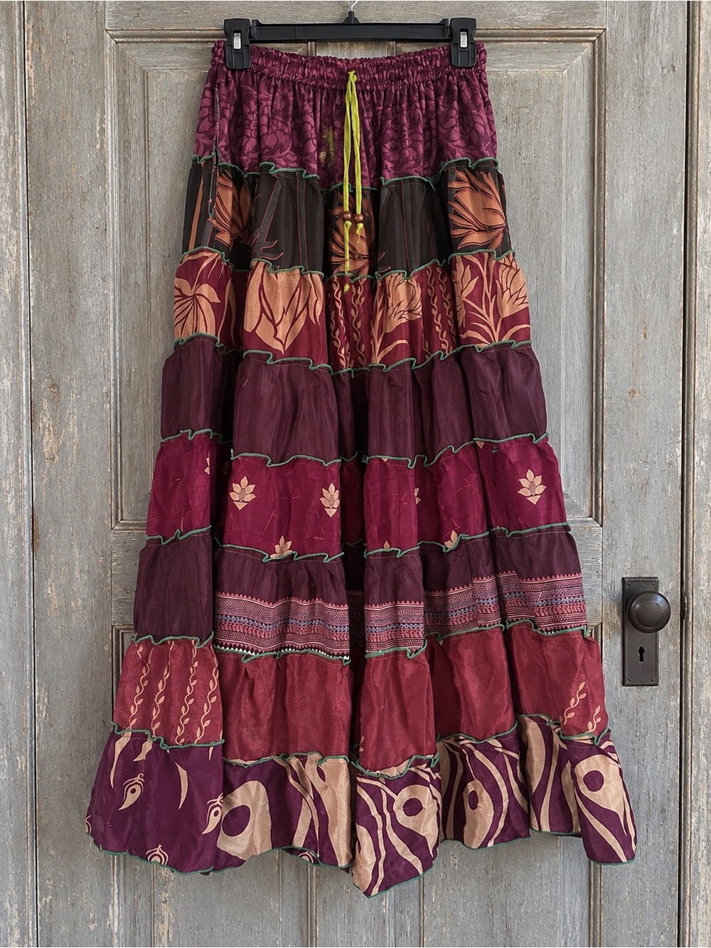 Bohemian Tiered Maxi Skirt in Burgundy and Plum